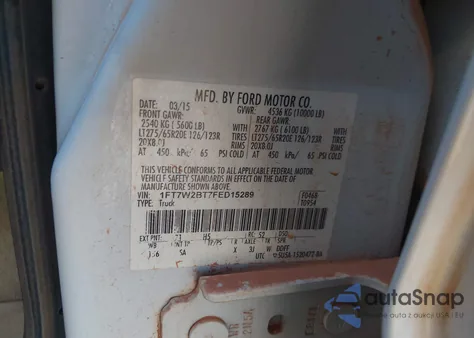 2015 Ford F-250 Lariat from USA, damaged, VIN 1FT7W2BT7FED15289